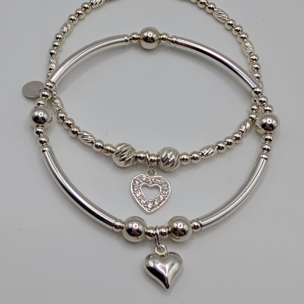 Sterling Silver Stretch Bracelet Set With Love Heart Charms