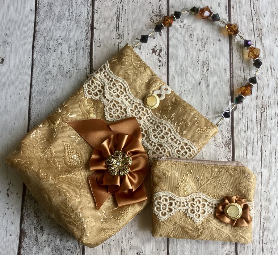 Brocade Fabric Bead Handled Handbag With Matching Coin Purse FREE P&P