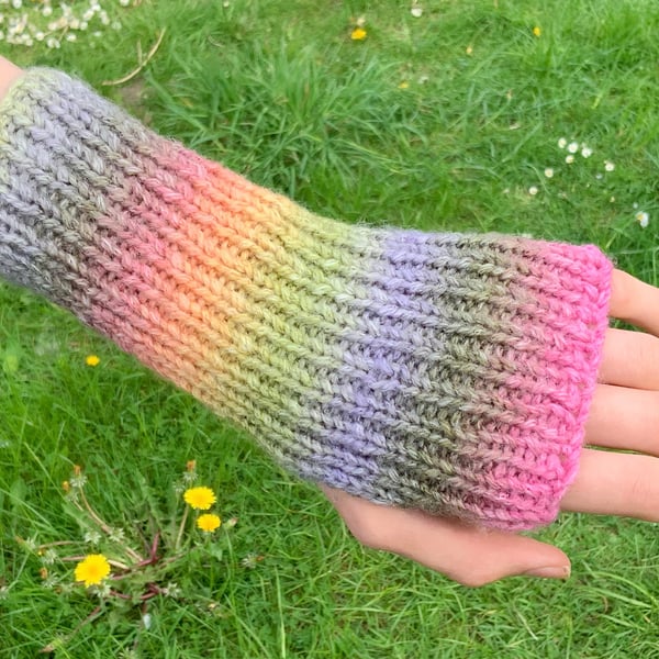 Hand Knitted Fingerless Gloves. Rainbow Gloves. Gloves. Wrist Warmers.