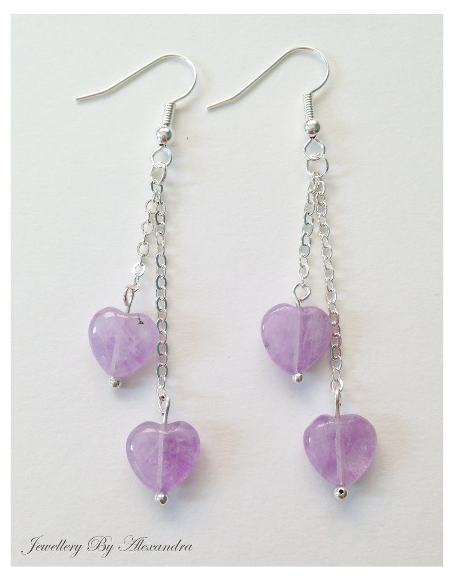 Lavender Amethyst Hearts and Chain Earrings