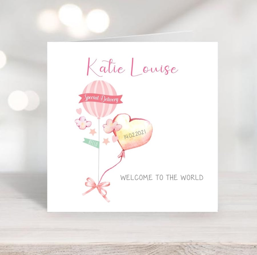  Watercolour Balloon Personalised New Baby Girl Card design
