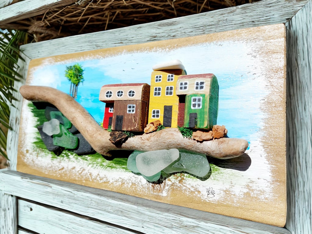 Sustainable Driftwood & Sea Glass Art Picture, Rustic Coastal Wall Hanging