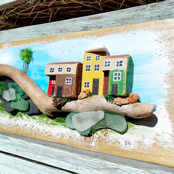 Sustainable Driftwood & Sea Glass Art Picture, Rustic Coastal Wall Hanging