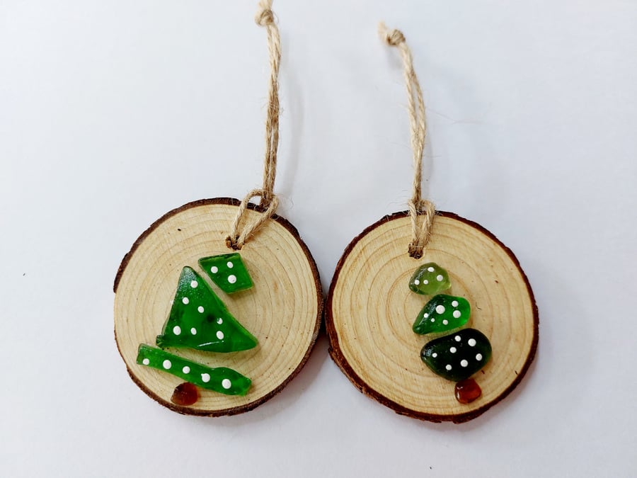 SALE - Sold in Pairs - Rustic, Wood Slice, Sea Glass, Christmas Tree Decoration