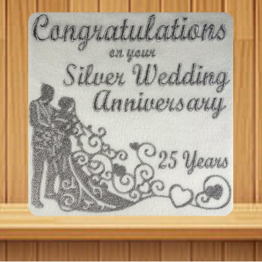 Handmade 25th Silver Wedding Anniversary Card embroidered design