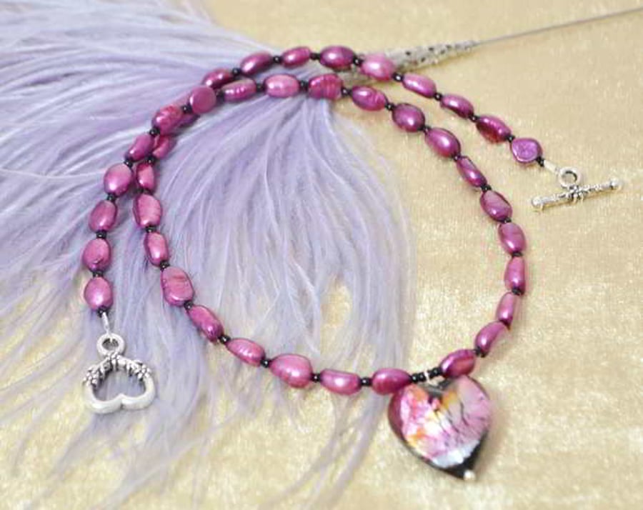 Murano Glass Heart & Pearl Necklace