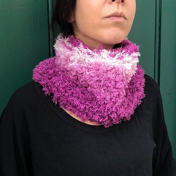 Orchid Purple Gradient Chunky Fluffy Scarf - Crochet Warmer Tubular Wrap Shawl 