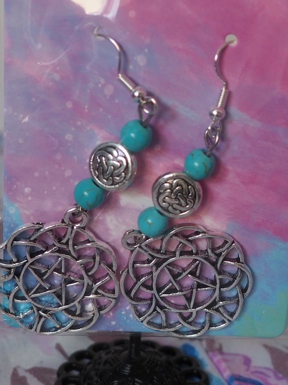Turquoise Beaded Dangle Earrings with Two Circular Charms