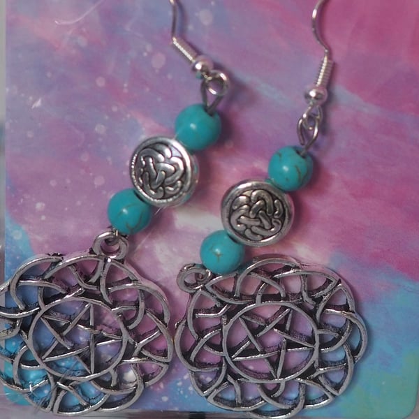 Turquoise Beaded Dangle Earrings with Two Circular Charms