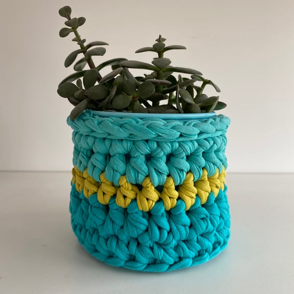 Crochet plant pot cover made with upcycled tshirt yarn - turquoise mini