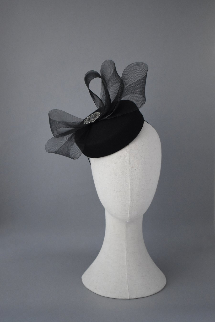 Handcrafted Black Felt Pillbox Hat with Statement Black Crinoline Bow with Recyc