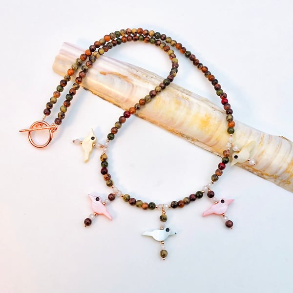 Wooden Beaded Necklace With Shell Birds & Cubic Zirconia, Birthday Gifts For Her
