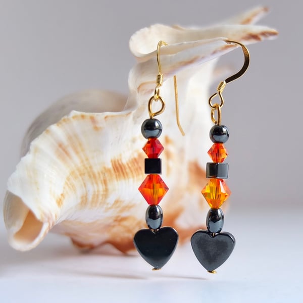 Hematite Heart and Orange Swarovski Crystal Drop Earrings - Handmade In Devon