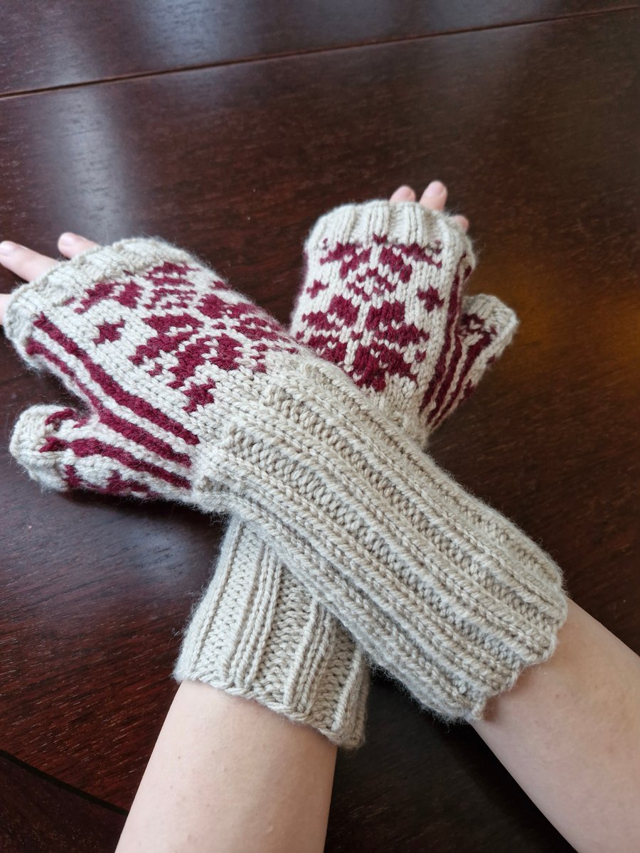 Hand knitted fingerless fairisle gloves wrist warmers Beige and Wine