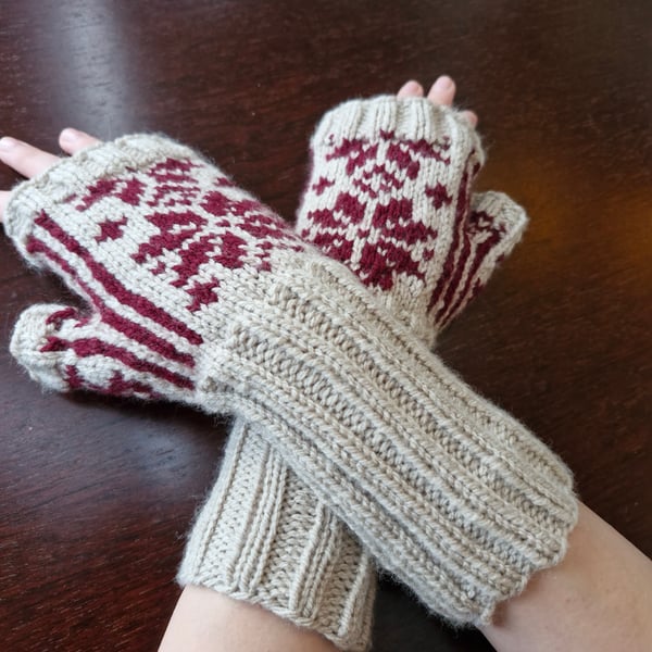 Hand knitted fingerless fairisle gloves wrist warmers Beige and Wine