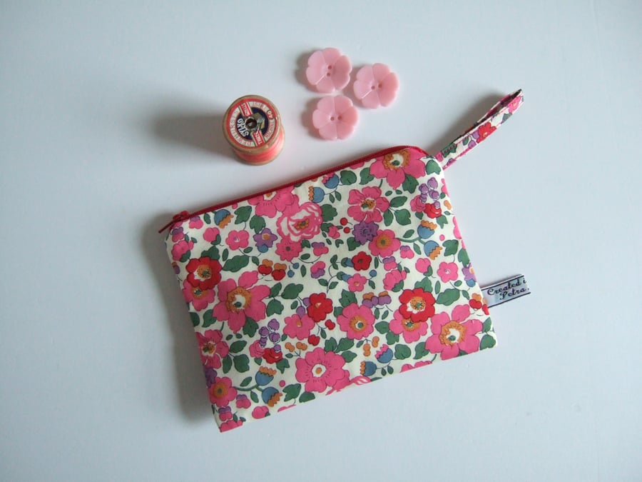 Liberty print zip up makeup bag or purse, with pink flowers.