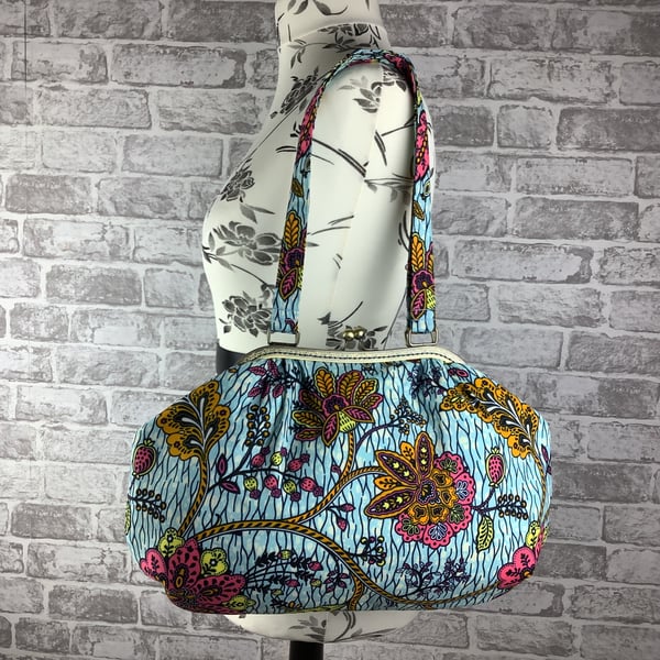 African floral print large fabric frame handbag, Kiss clasp, 2 straps