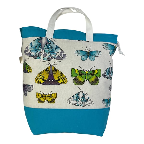 Extra Large canvas drawstring knitting bag with butterflies and moths print, mul