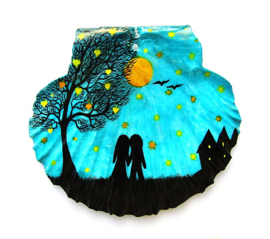 Couple Moon Stars Painting on Shell, Love Art, Unique Gift, Romantic Anniversary