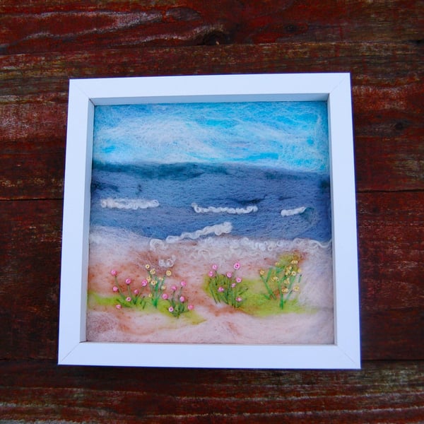 Needle felted and hand embroidered wool picture - Coastal scene 
