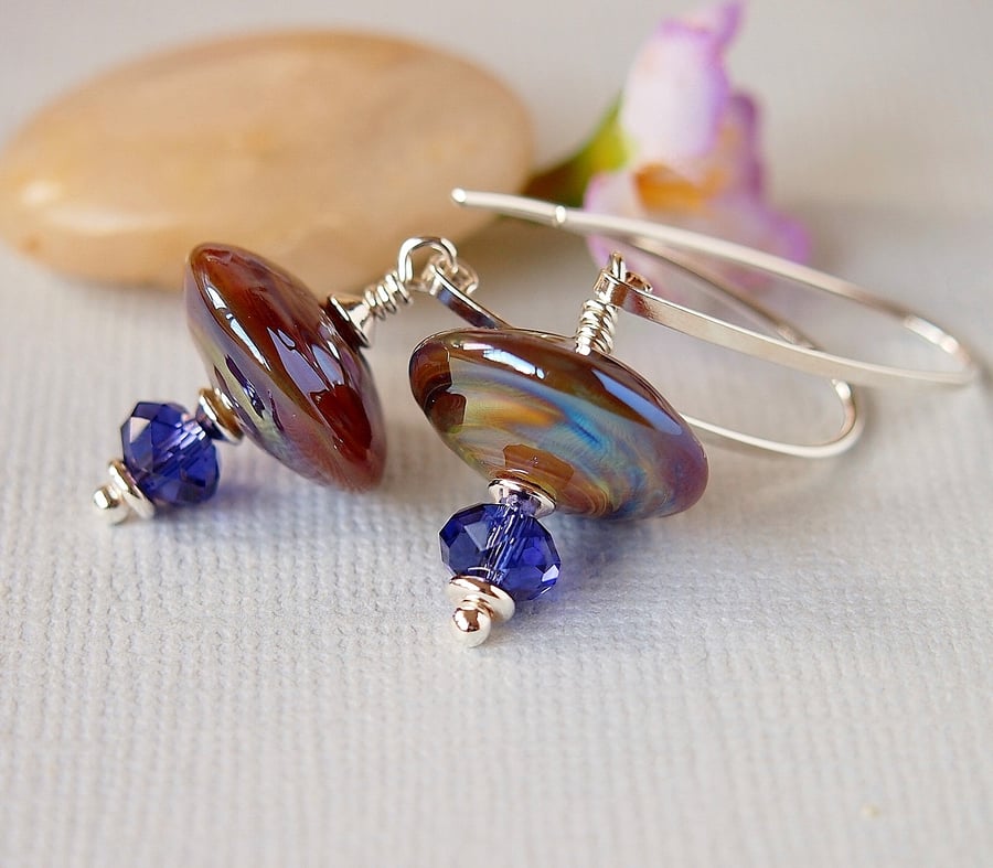 Amber Purple Lampwork Earrings -  Swarovski - Sterling Silver