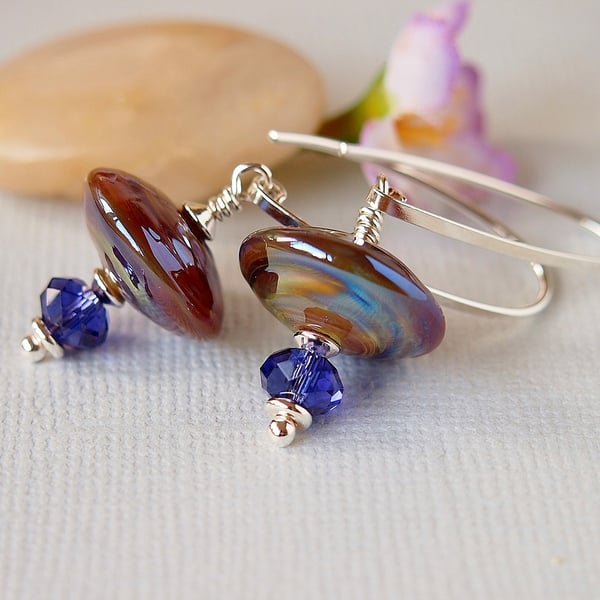 Amber Purple Lampwork Earrings -  Swarovski - Sterling Silver