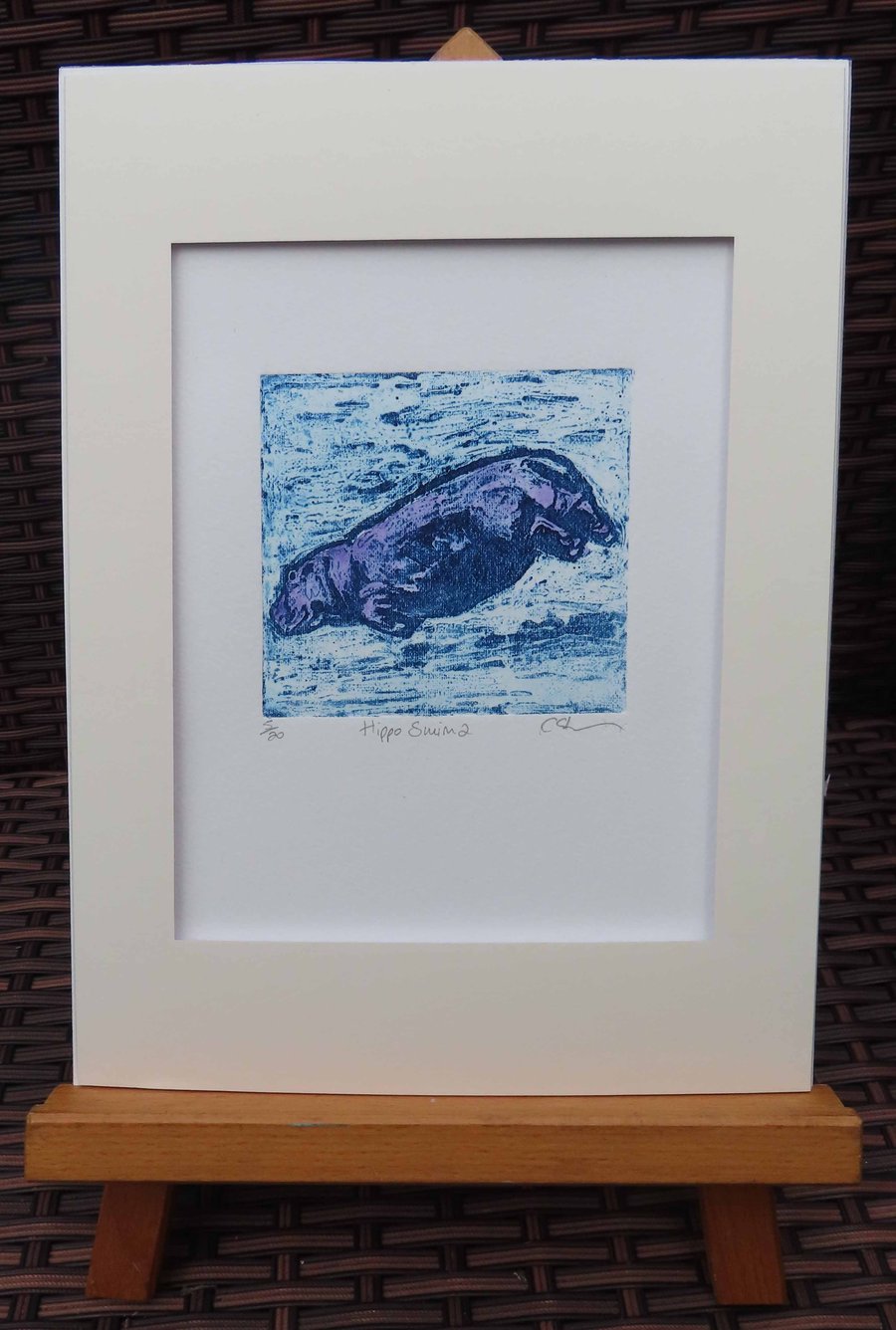 Purple Hippo Swim 2 Art Original Collagraph Print Animal