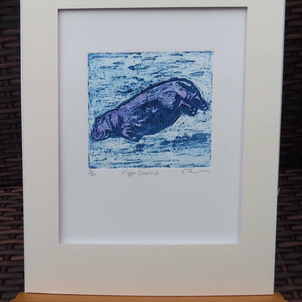 Purple Hippo Swim 2 Art Original Collagraph Print Animal