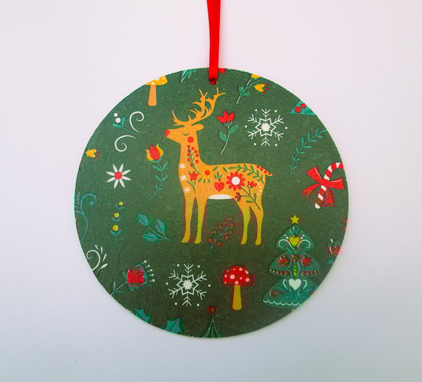 Scandi Christmas reindeer wood decoupage hanging decoration