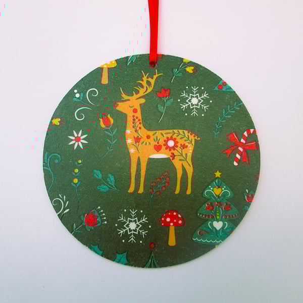 Scandi Christmas reindeer wood decoupage hanging decoration