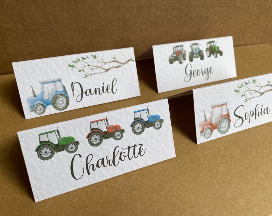 6x name place CARDS tractor and greenery foliage table wedding, kids party decor