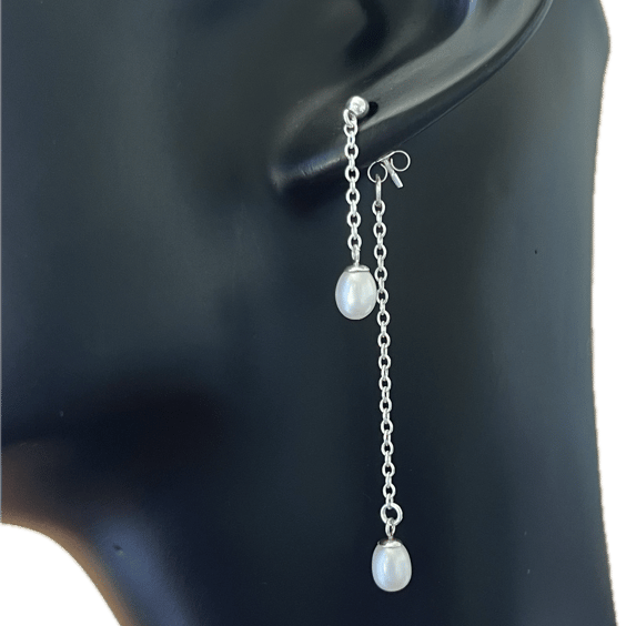 Double Drop, Rice Pearl Earrings