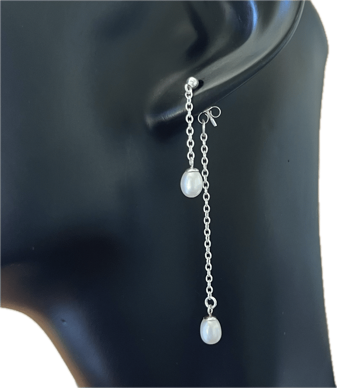 Double Drop, Rice Pearl Earrings