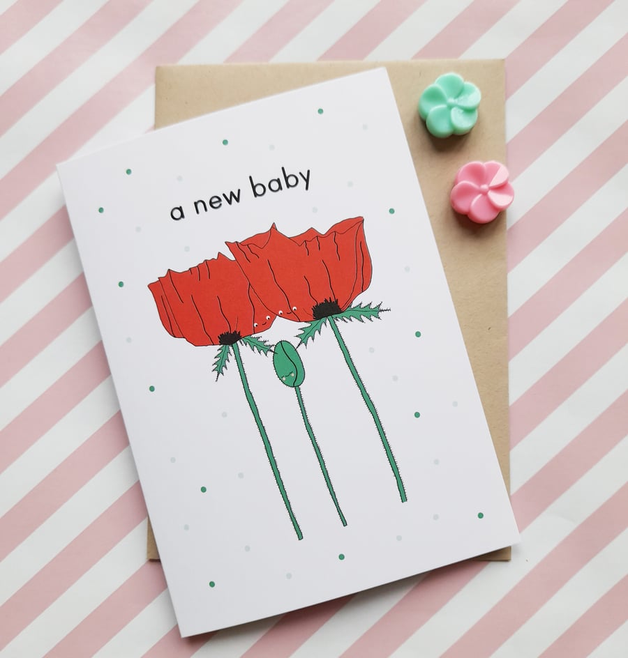 new baby poppies A6 greetings card, gender neutral baby card, cute baby card