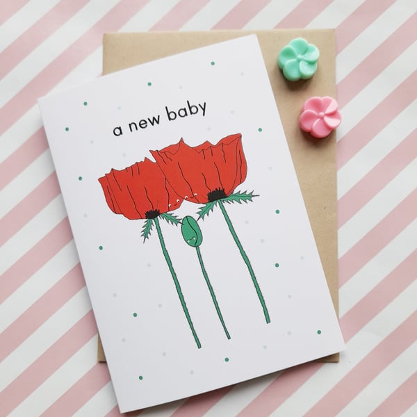 new baby poppies A6 greetings card, gender neutral baby card, cute baby card