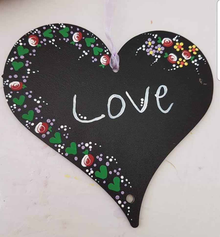 Folk art love hanging wooden heart