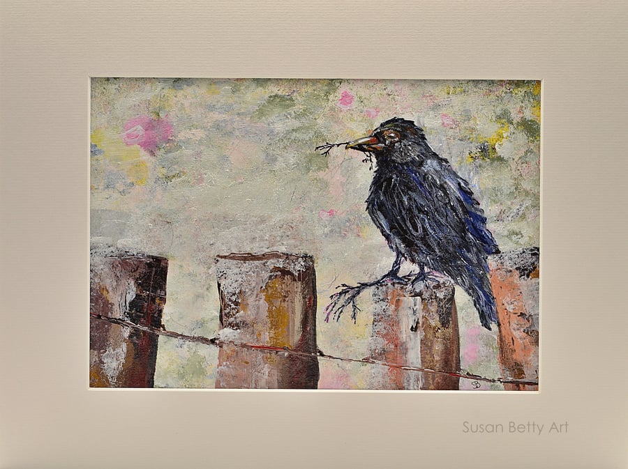 Mounted Painting of a Crow (16x12 inches)