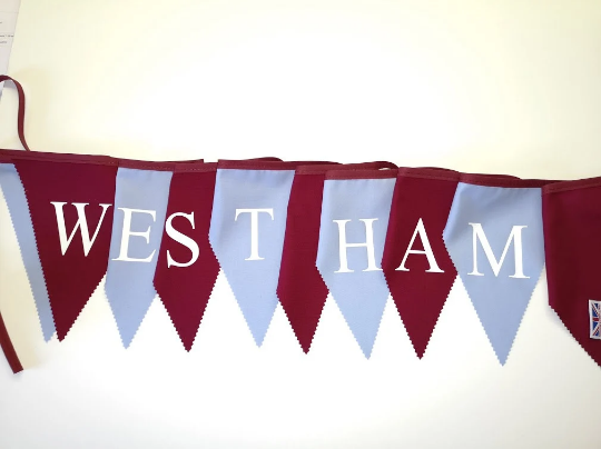 Printed west ham fabric bunting White vinyl lettering on burg and blue flags