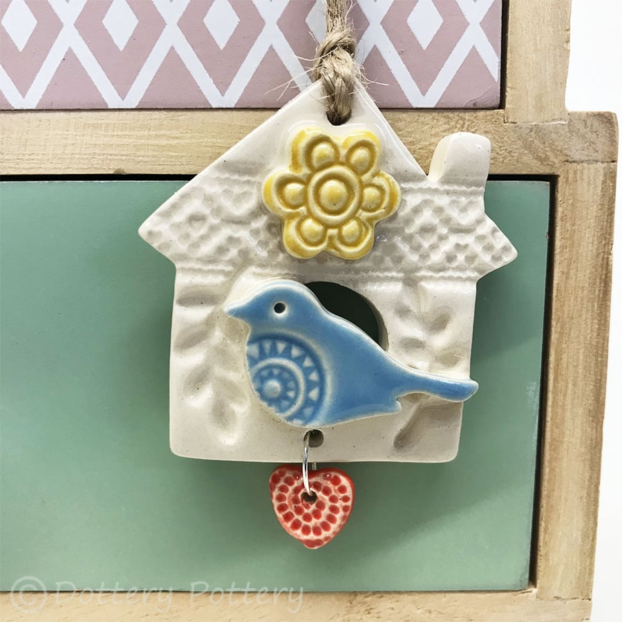 Small Ceramic bird house decoration with dangly heart Pottery bird house 