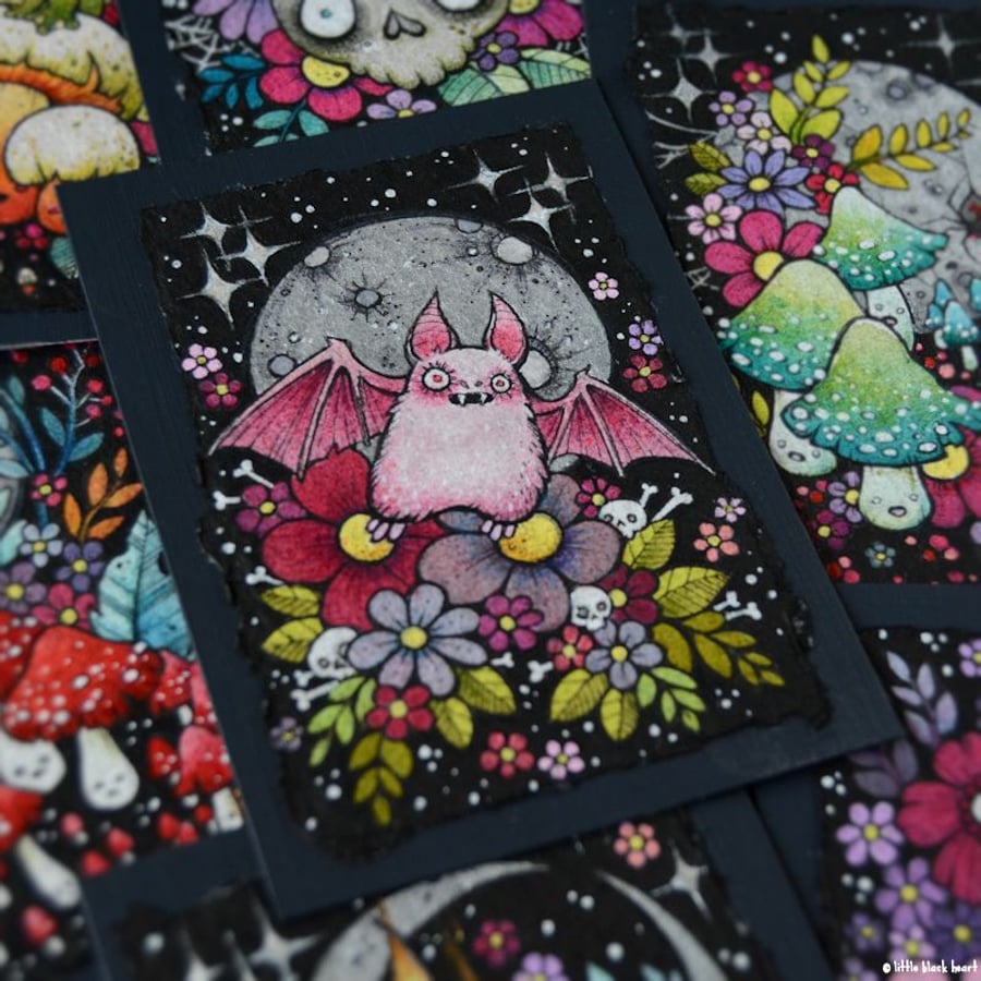 creepy cute pink bat - original aceo illustration - Folksy