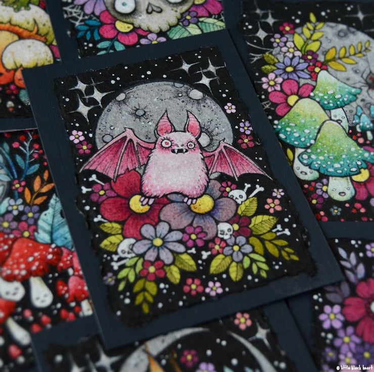 creepy cute pink bat - original aceo illustration - Folksy