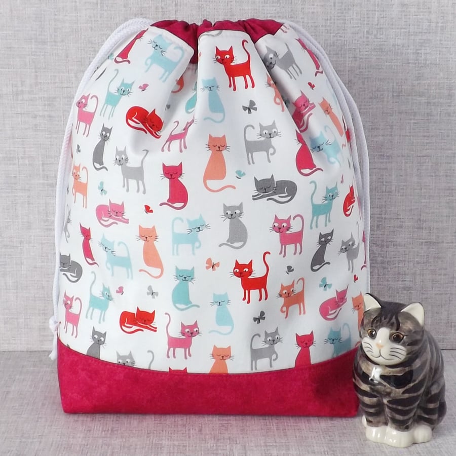 Project bag, drawstring bag, cats. 