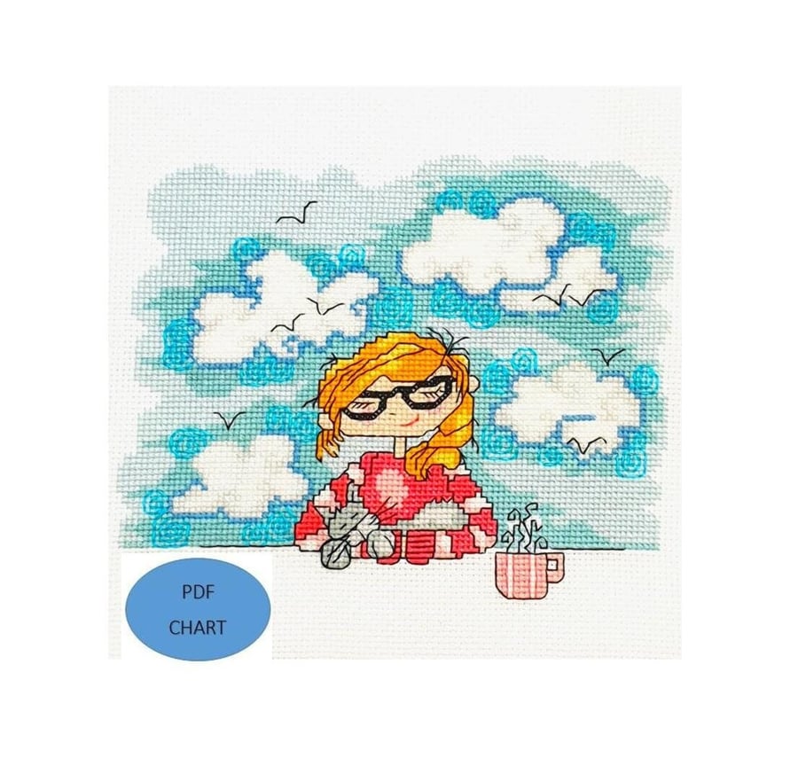 Girl and cat Calm Cross Stitch Instant digital Download PDF Patternchart