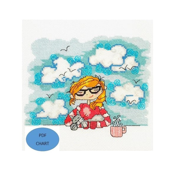 Girl and cat Calm Cross Stitch Instant digital Download PDF Patternchart