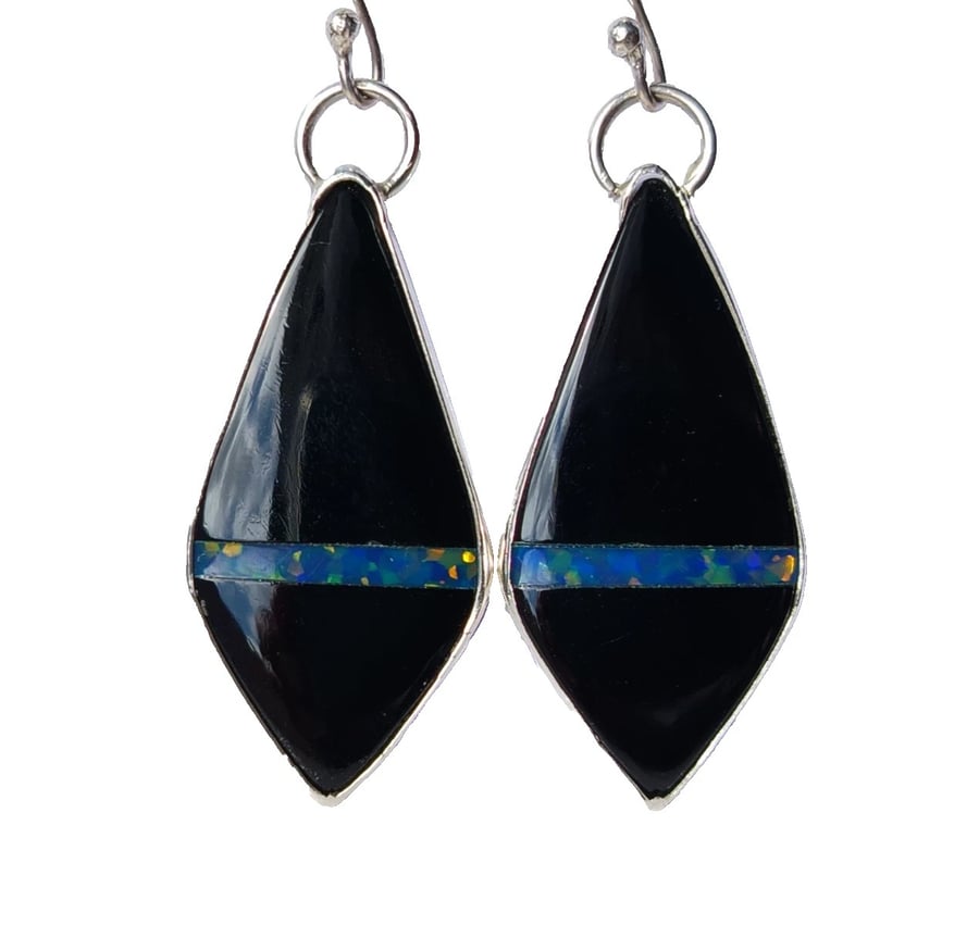 Onyx & Cultured Opal Earrings Fine Silver Jewellery Gift Gemstone Manmade