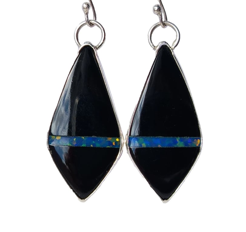 Onyx & Cultured Opal Earrings Fine Silver Jewellery Gift Gemstone Manmade