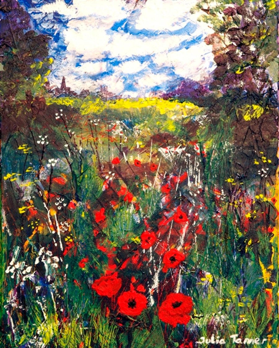 Wild Flower Meadow with Poppies, original Landscape Acrylic Painting on Canvas