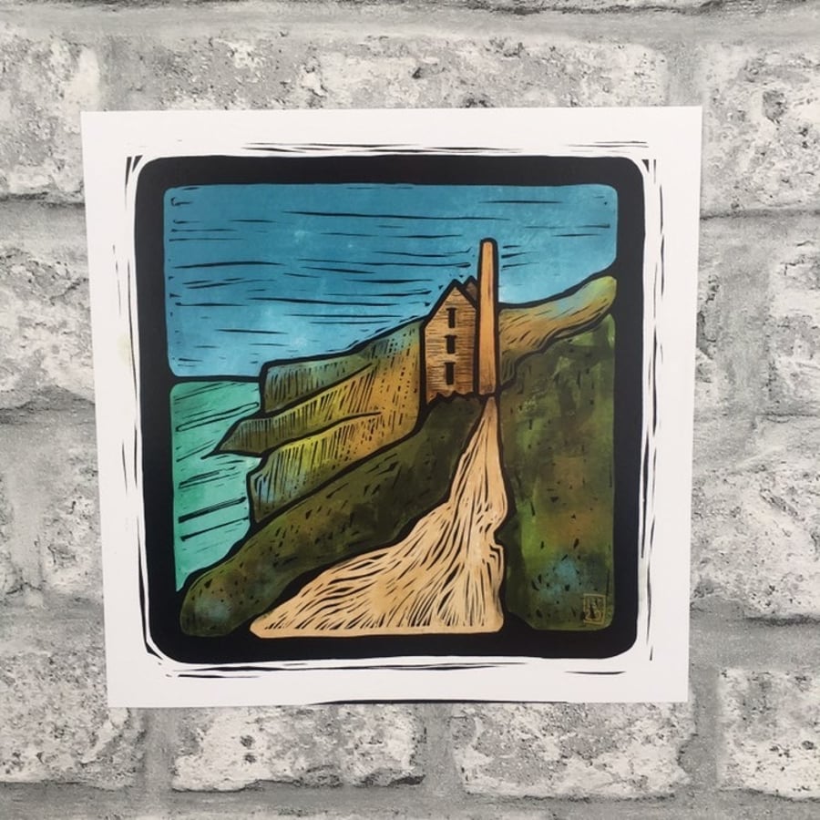 Wall art print illustration Cornwall engine house tin mine landscape 