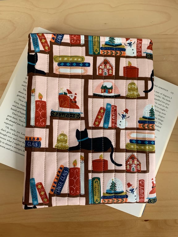 Christmas Bookshelves Quilted Fabric Book Sleeve - Hardback Size