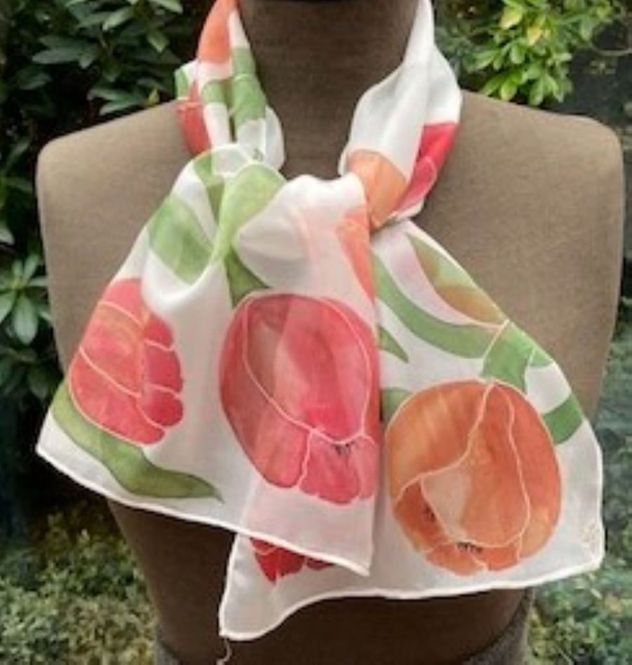 Red and orange Tulips hand painted silk scarf